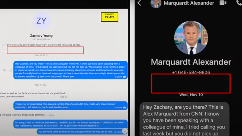 Plaintiff’s legal team showed jurors side-by-side images of Alex Marquardt and Zachary Young’s phone, highlighting the place where Signal shows missed calls between parties.