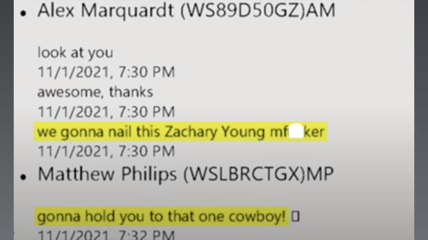 The jury saw an exchange where Alex Marquardt told a CNN colleague, "We gonna nail this Zachary Young mf---r," to which the colleague replied, "Gonna hold you to that one cowboy!"