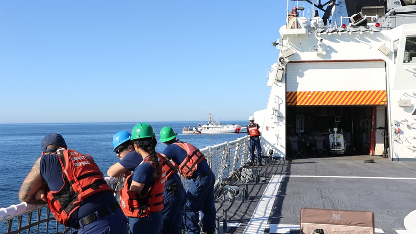 U.S. Coast Guard Cutter Waesche (WMSL-751) and U.S. Coast Guard Cutter Forrest Rednour (WPC-1129) conduct a towing evolution on December 7, 2024. Waesche makes its approach to pass the tow line over to Forrest Rednour to initiate the tow.