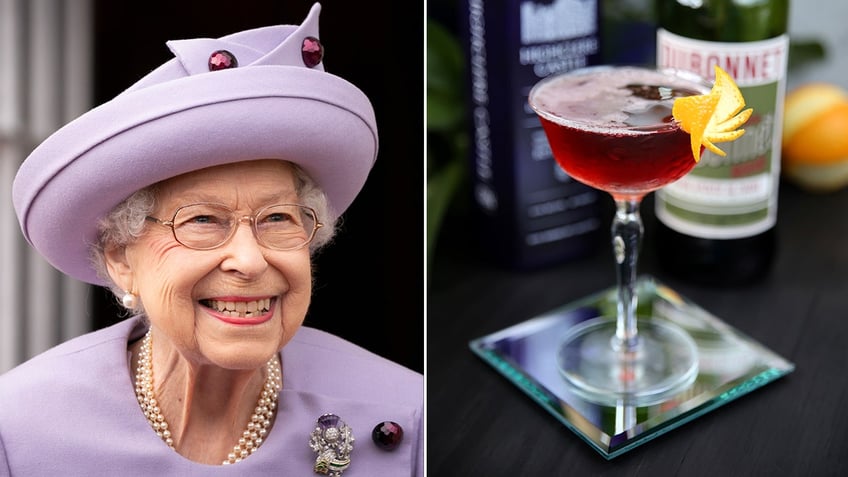 Queen Elizabeth is pictured in 2022, left. Her favorite drink is recreated, right, as the Queen's Jubilee cocktail.