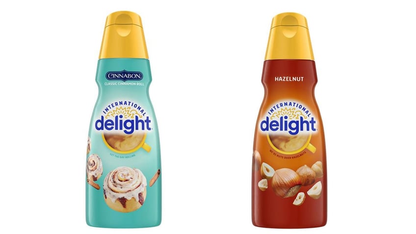 International Delight Cinnabon Classic Cinnamon Roll and Hazelnut coffee creamers.