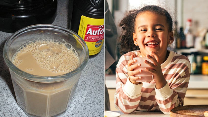 A coffee milk split with an image of a girl holding a drink.