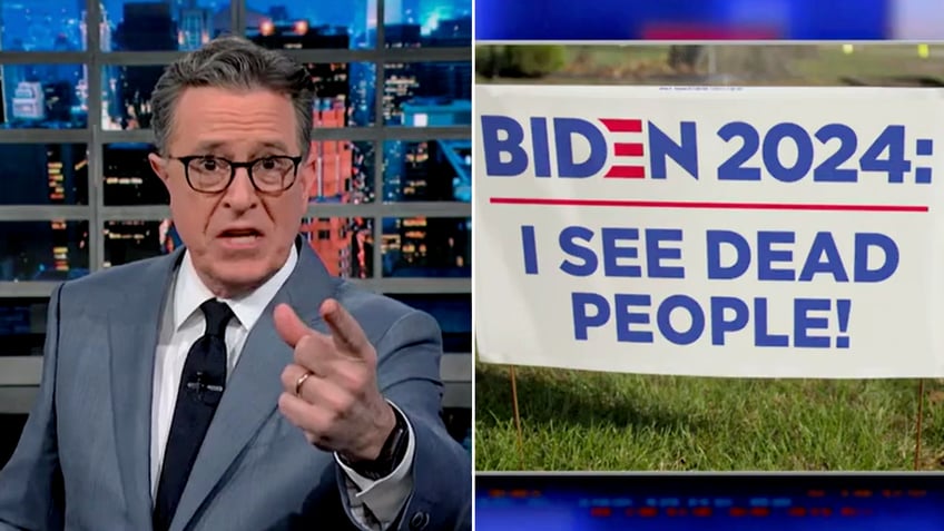 Colbert with a fake Biden campaign sign