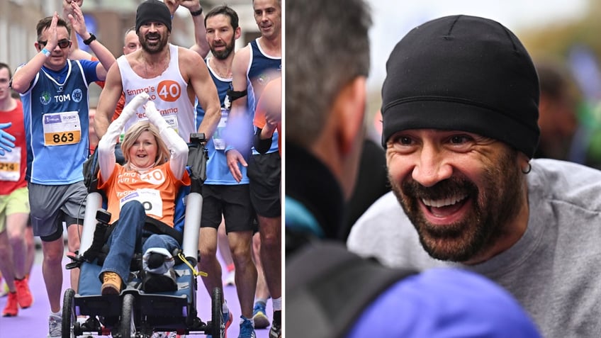 Actor Colin Farrell smiles while finishing the Dublin marathon.