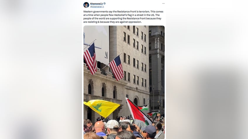 Iranian Supreme Leader Ali Khamenei mocked the U.S.'s designating of organizations in the Iran-led "resistance front" as terrorist, since protestors "flew Hezbollah's flag in a street in the US."