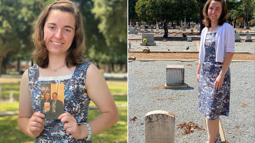 Woman posing with picture of mentor and by a grave site. 