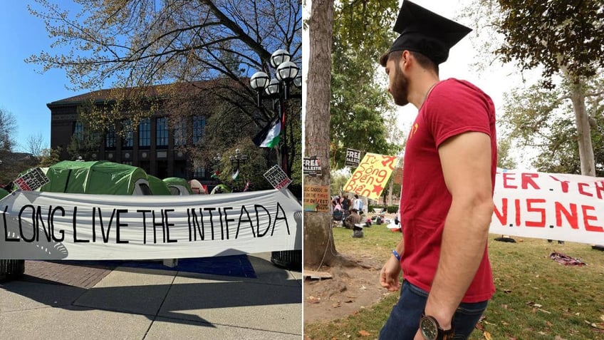 split: left_ "long live the intifada" sign; right: graduate walks by encampment