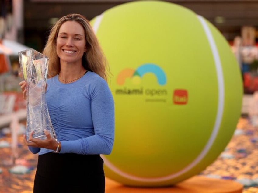 Danielle Collins of the United States poses with the trophy after winning the Miami Open W