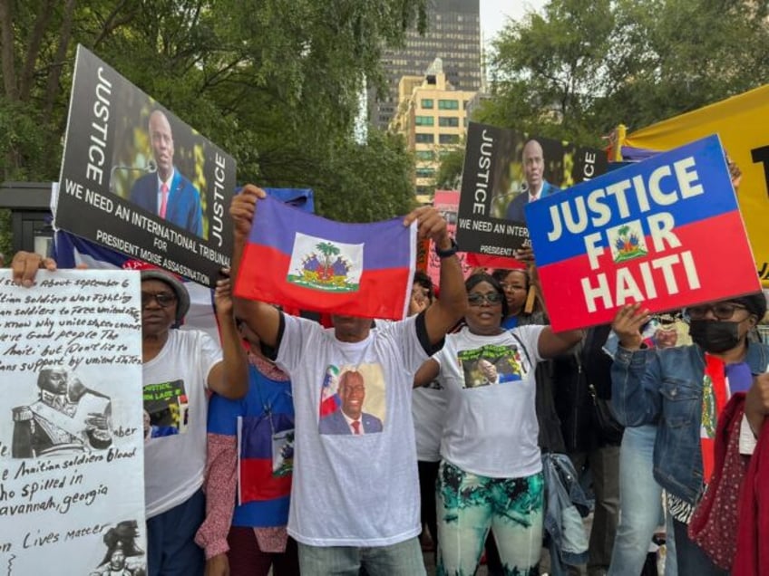 Supporters of assassinated Haitian president Jovenel Moïse hold a rally outside United Nations headquarters in New York in September 2023