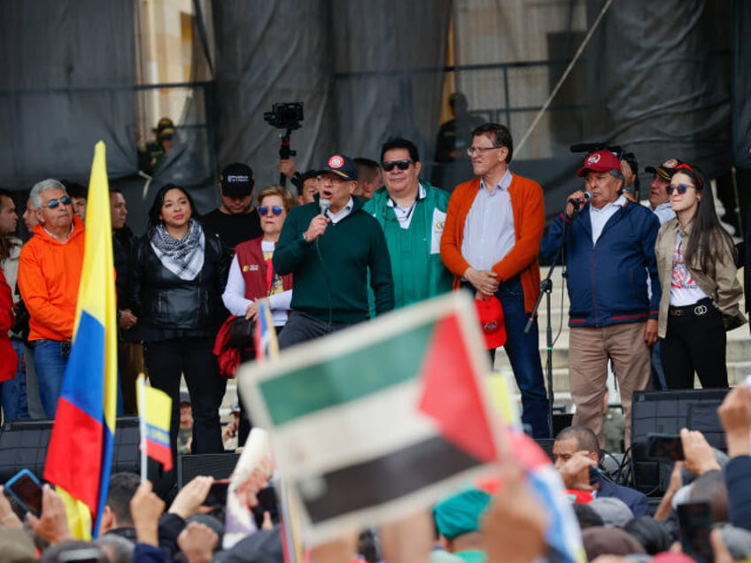 BOGOTA, COLOMBIA - MAY 1: President of Colombia Gustavo Petro speaks to crowd during the I