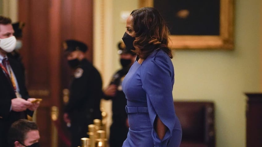 Feb 10, 2021; Washington, DC, USA; House Manager Congresswoman Stacey Plaskett of the U.S. Virgin Islands arrives to the Senate Chambers as the second impeachment trial of former President Donald Trump continues at the Capitol. Trump faces a single article of impeachment charging him with Òhigh crimes and misdemeanorsÓ for inciting a mob that stormed the Capitol on Jan. 6, 2021.. Mandatory Credit: Jack Gruber-USA TODAY