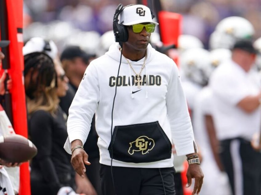 FORT WORTH, TX - SEPTEMBER 2: Head coach Deion Sanders of the Colorado Buffaloes watches action against the TCU Horned Frogs during the first half at Amon G. Carter Stadium on September 2, 2023 in Fort Worth, Texas. (Photo by Ron Jenkins/Getty Images)