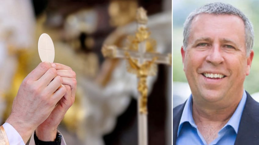 The Eucharist and crucifix split with an image of Curtis Martin.