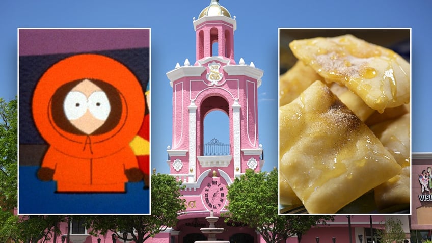 Casa Bonita's facade with insets of Kenny McCormick and sopaipillas.