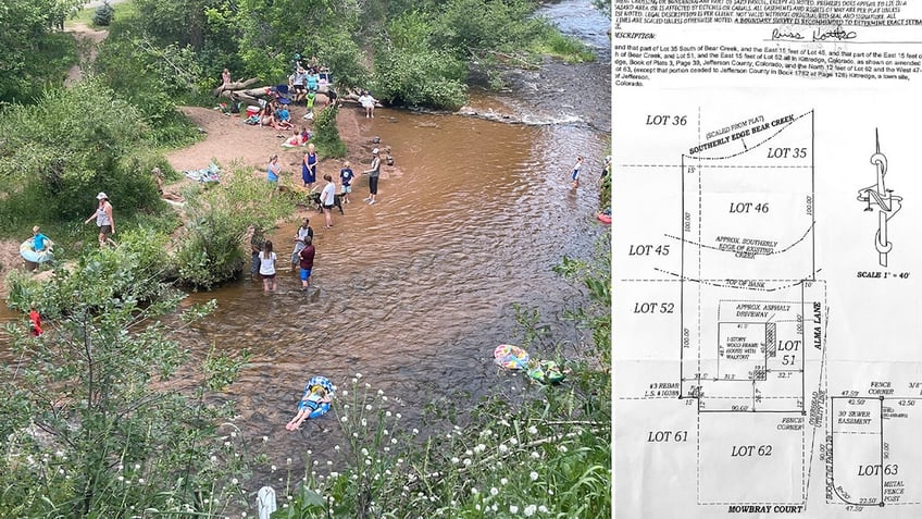 People playing in Bear Creek next to image of property survey