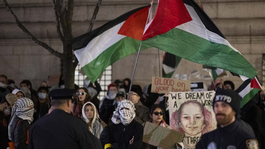 Pro-Palestinian protesters gather outside Columbia University Campus in New York City to protest against the former Israeli Prime Minister Naftali Bennett. New York, U.S., March 04, 2025.