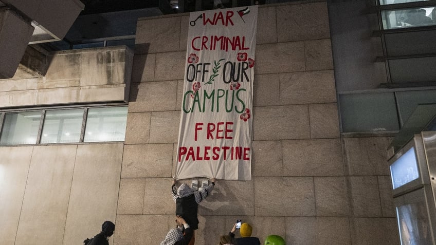 Pro-Palestinian protesters gather outside Columbia University Campus in New York City to protest against the former Israeli Prime Minister Naftali Bennett. New York, U.S., March 04, 2025.