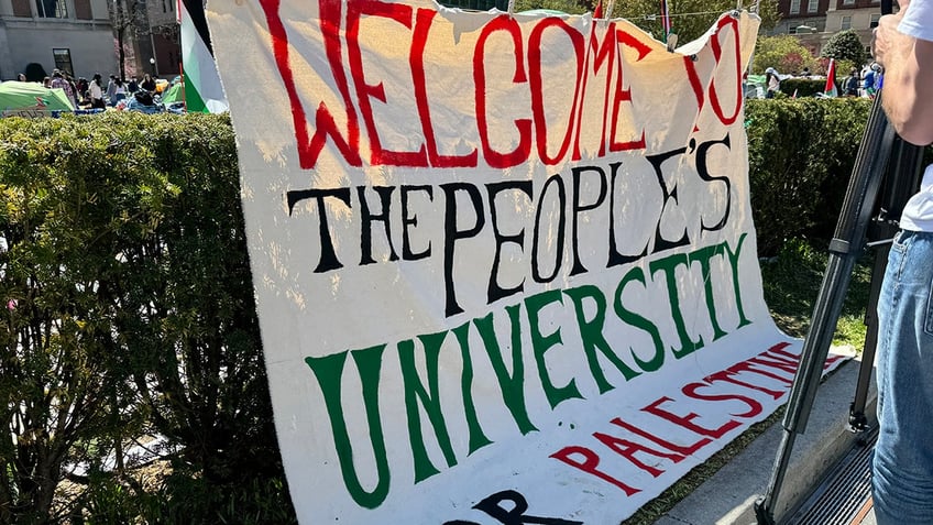 Anti-Israel protesters at Columbia University construct an encampment on campus.