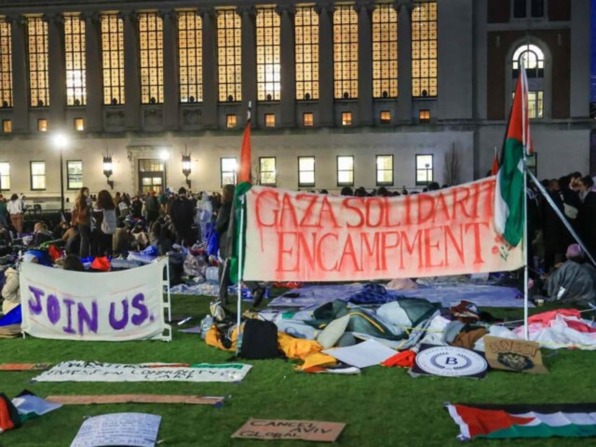 NEW YORK, UNITED STATES - APRIL 19: A view of the banners and Palestinian flags as Pro-Pal