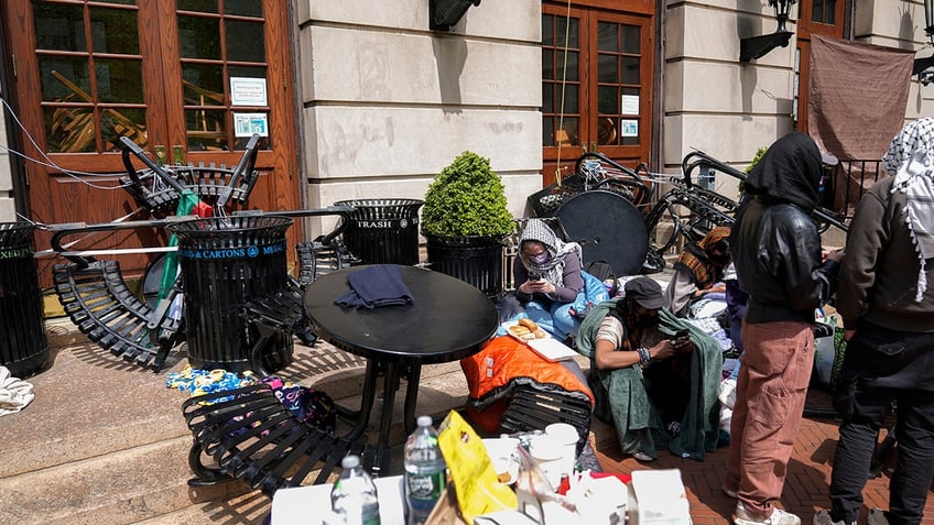 Student protesters camp near the entrance to Hamilton Hall on the campus of Columbia University