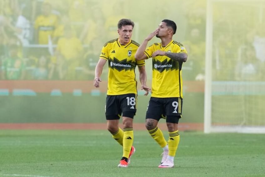 Cucho Hernandez (R) is seen celebrating a goal in July 2024