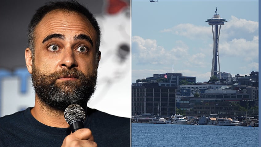 Kurt Metzger and Seattle skyline split image