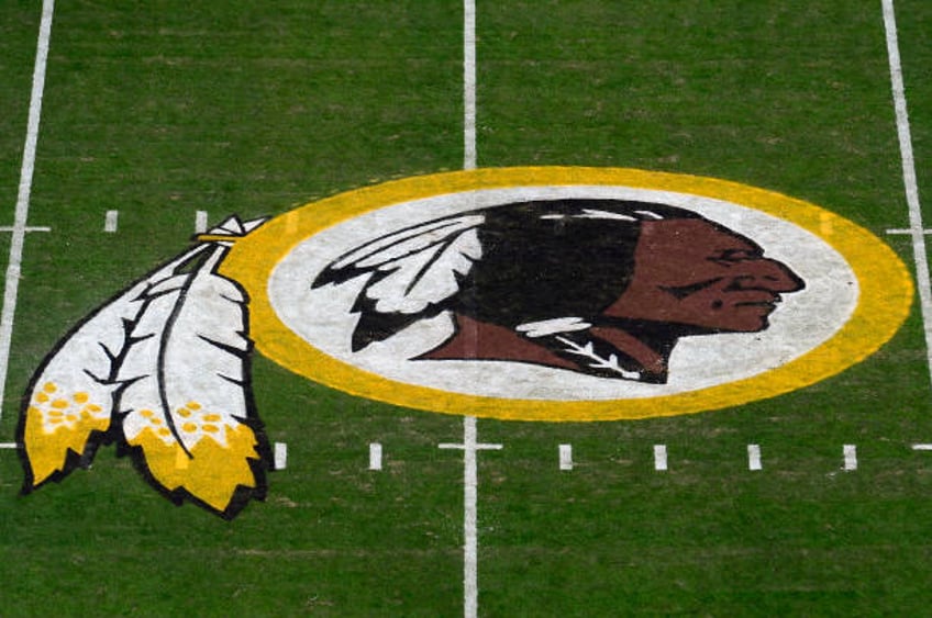 General view of the Washington Redskins logo at center field before a game between the Detroit Lions and Redskins at FedExField on November 24, 2019...