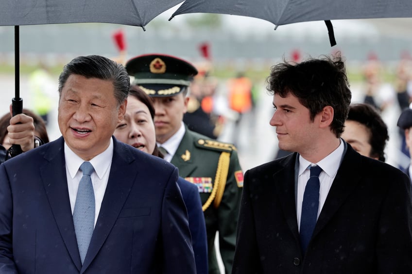 France's Prime Minister Gabriel Attal (R) greets China's President Xi Jinping upon his arrival for an official two-day state visit, at Orly airport, south of Paris on May 5, 2024. Chinese President Xi Jinping arrived in France on May 5, 2024, for a state visit hosted by Emmanuel Macron where the French leader will seek to push his counterpart on issues ranging from Ukraine to trade. (Photo by STEPHANE DE SAKUTIN / POOL / AFP) (Photo by STEPHANE DE SAKUTIN/POOL/AFP via Getty Images)