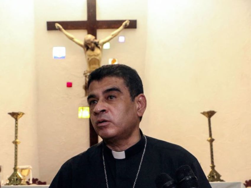 Nicaraguan Catholic bishop Rolando Alvarez speaks to the press at the Santo Cristo de Esquipulas church in Managua, on May 20, 2022. - Alvarez, a strong critic of Daniel Ortega's government, started on Thursday a hunger strike in protest against what he considers a persecution and police siege against him. (Photo by AFP) (Photo by STR/AFP via Getty Images)