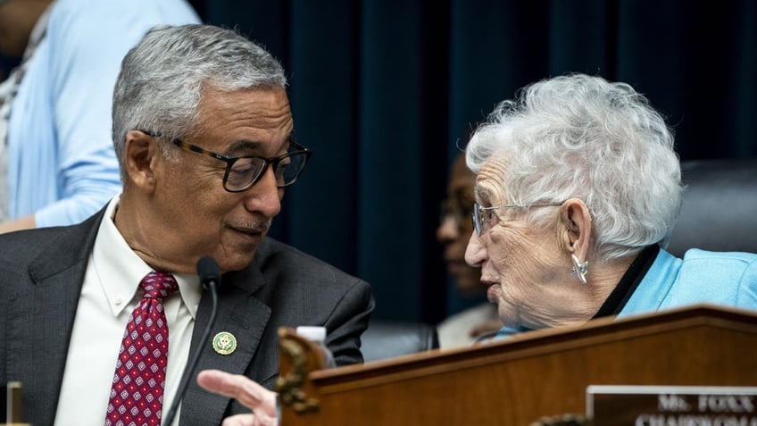 Representative Virginia Foxx, a Republican from North Carolina and chairwoman of the House Workforce and Education Committee, right, and Representative Bobby Scott, a Democrat from Virginia and ranking member of the House Workforce and Education Committee, during a hearing in Washington, DC, US, on Tuesday, Dec. 5, 2023. 