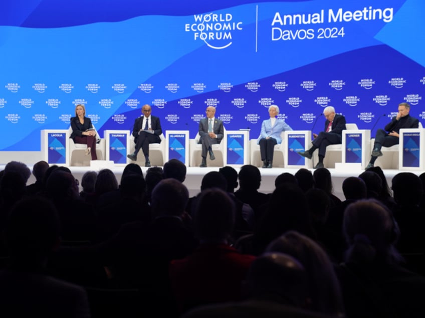 DAVOS, SWITZERLAND - JANUARY 19: World Economic Forum (WEF) President Borge Brende (L) delivers a speech during the closing ceremony of the World Economic Forum on January 19, 2024 in Davos, Switzerland. The 2024 World Economic Forum's Annual Meeting takes place in Davos on January 15-19. (Photo by Ma Xiuxiu/China News Service/VCG via Getty Images)