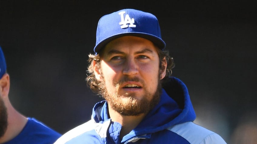 Los Angeles Dodgers pitcher Trevor Bauer (27) looks on during an MLB game between the Los Angeles Dodgers and the San Francisco Giants on May 23, 2021, at Oracle Park in San Francisco, CA. 