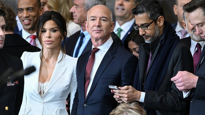 Lauren Sanchez, Amazon founder Jeff Bezos, Google CEO Sundar Pichai and Tesla and SpaceX CEO Elon Musk attend the inauguration ceremony