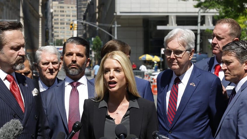 Former Florida Attorney General Pam Bondi speaks during a press conference while on a break from President-elect Trump's hush money trial outside Manhattan Criminal Court on May 21, 2024, in New York City.