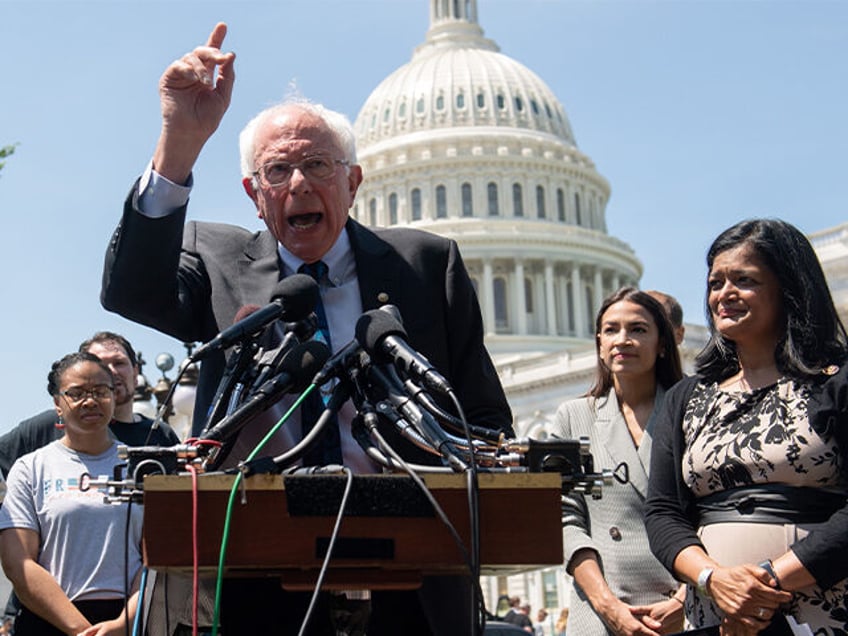 US Senator Bernie Sanders (2nd L), Independent of Vermont, Representative Pramila Jayapal (R), Democrat of Washington, Representative Alexandria Ocasio-Cortez (2nd R), Democrat of New York, and Representative Ilhan Omar (L), Democrat of Minnesota, hold a press conference to introduce college affordability legislation outside the US Capitol in Washington, DC, June …