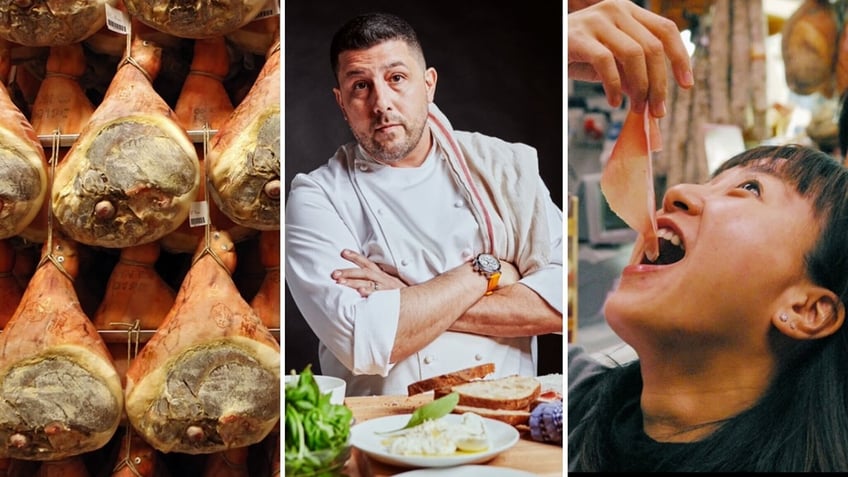 Chef Joe Isidori of Arthur &amp; Sons in New York City, center, fears swine fever in Italy could impact his menu in the U.S. At left, Ruliano prosciutto cures in Riano di Langhirano, Italy. At right, a woman savors prosciutto in Parma, Italy. 