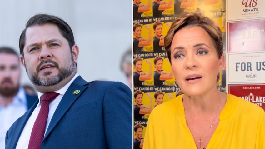 Ruben Gallego, left; Kari Lake, right in photo split