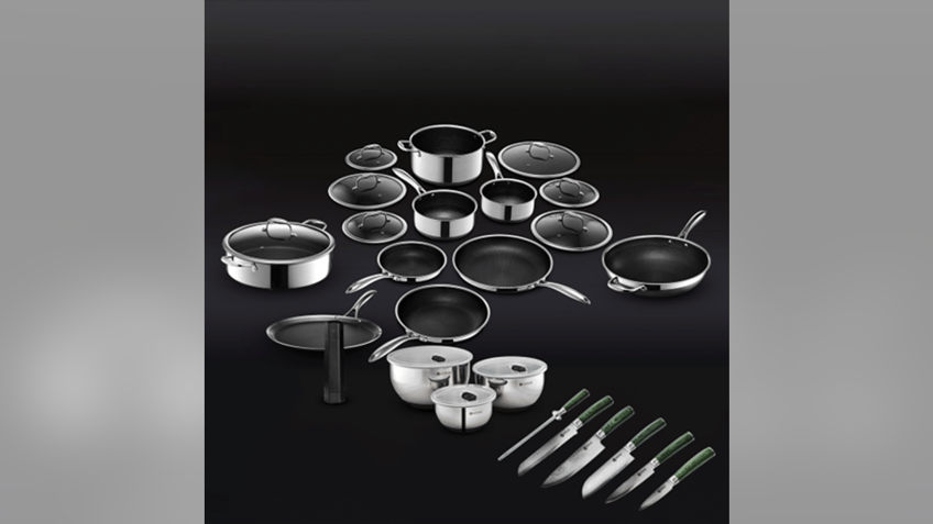 You get pots, pans, knives and much more in this set. 