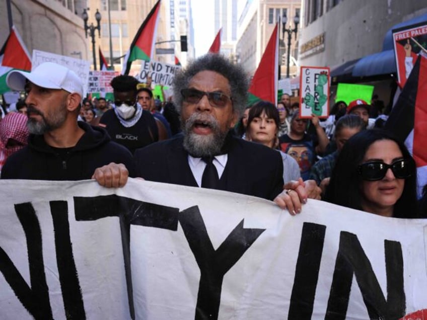 cornel west holds antisemitic banner at free palestine rally in la