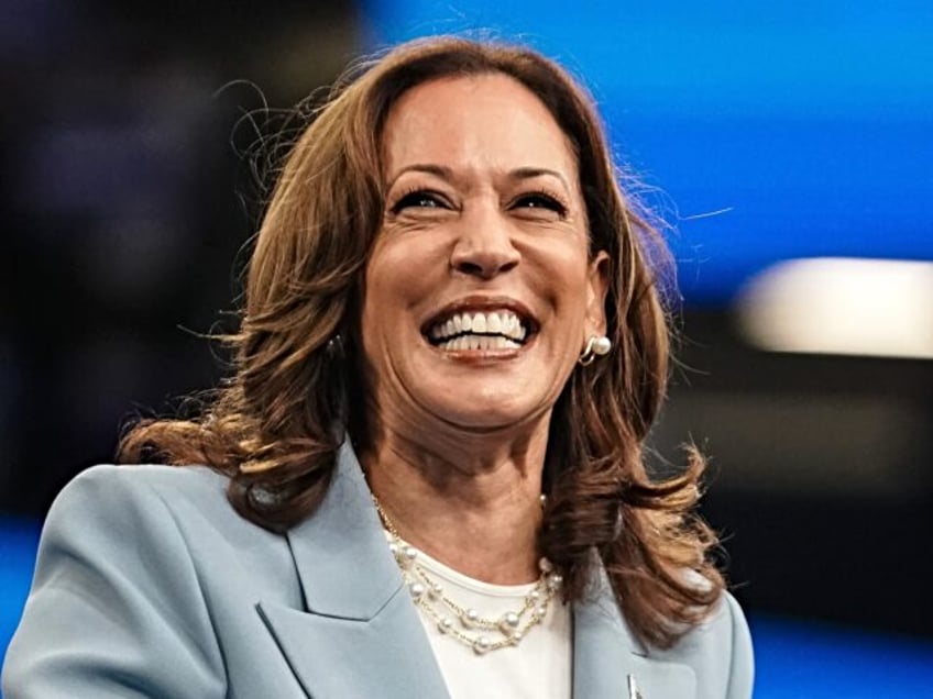 US Vice President and 2024 Democratic presidential candidate Kamala Harris smiles as she t