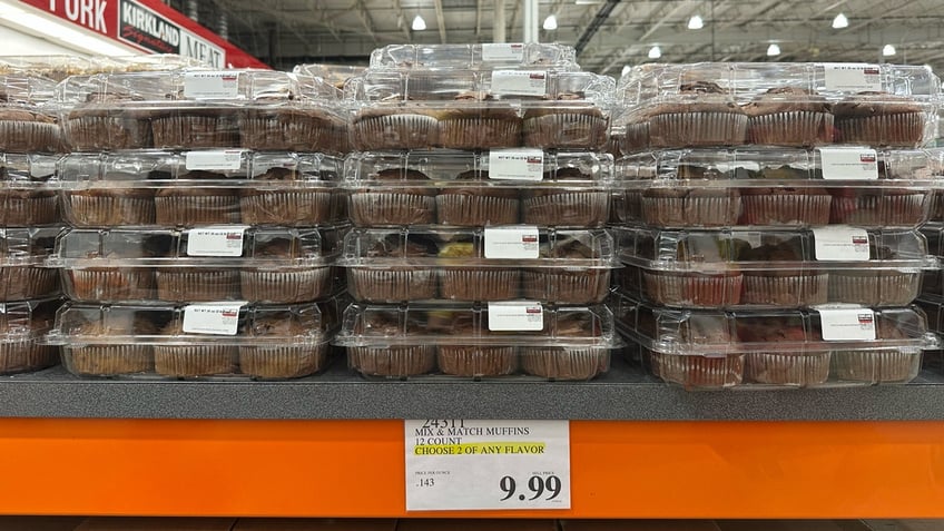 Costco muffins are shown above a mix-and-match sign and price tag.