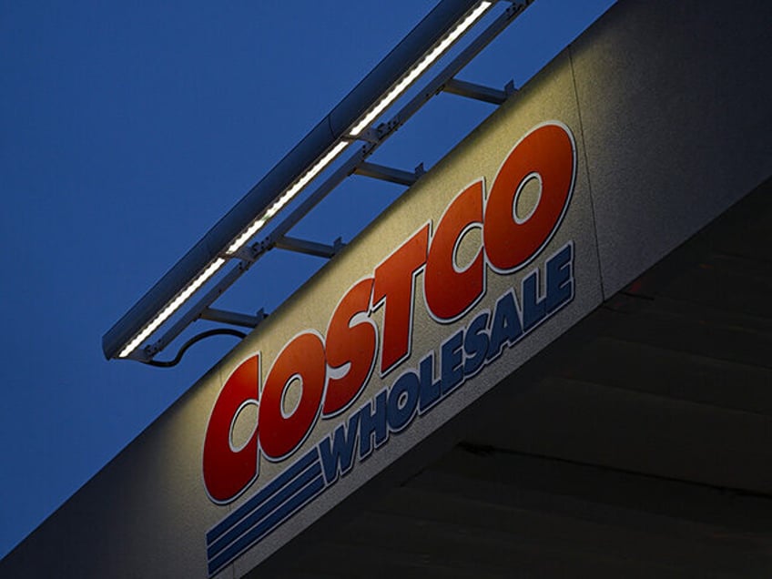 The Costco Wholesale Corp. logo is displayed above a gas station in Hawthorne, California,