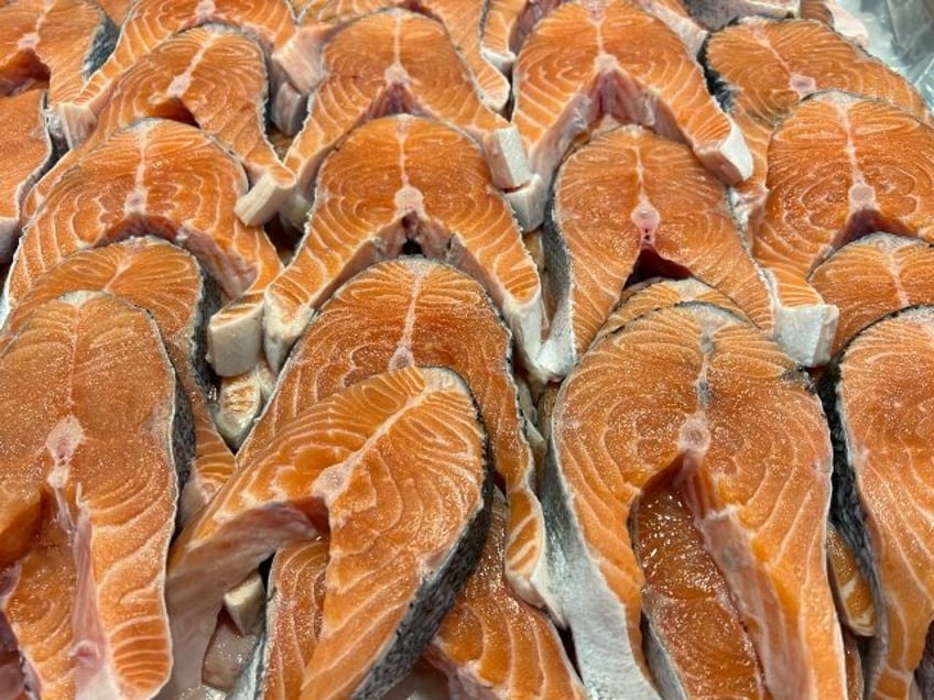 Salmon steaks displayed at a grocery store in Mississauga, Ontario, Canada on November 11,