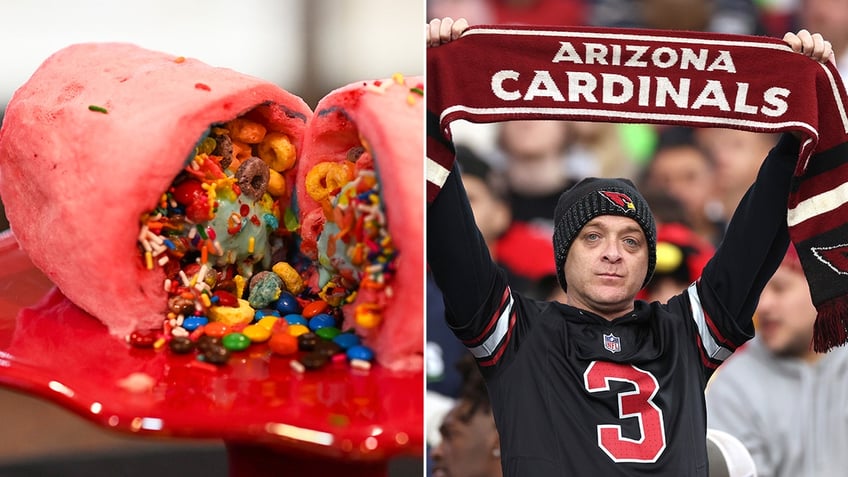 A split image of a cotton candy burrito with a man holding an "Arizona Cardinals" scarf.