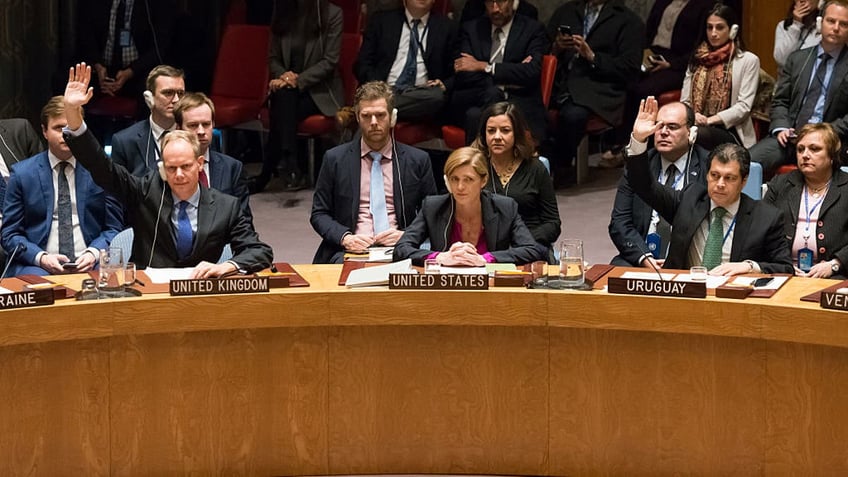 U.N. Ambassador Samantha Power abstains as the other 14 members of the Security Council raise their hands in affirmation of Resolution 2334, which demands an end to Israeli settlements, at U.N. headquarters in New York City on Dec. 23, 2016.