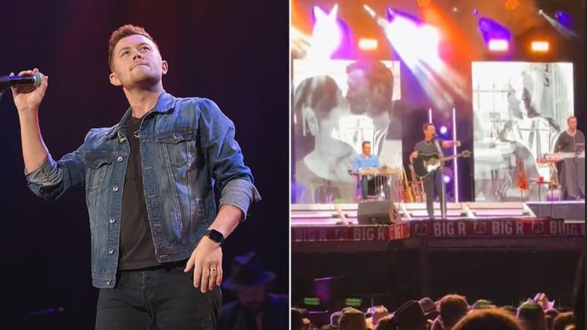 A split of Scotty McCreery performing and him pointing to the man who allegedly hit and woman in the audience