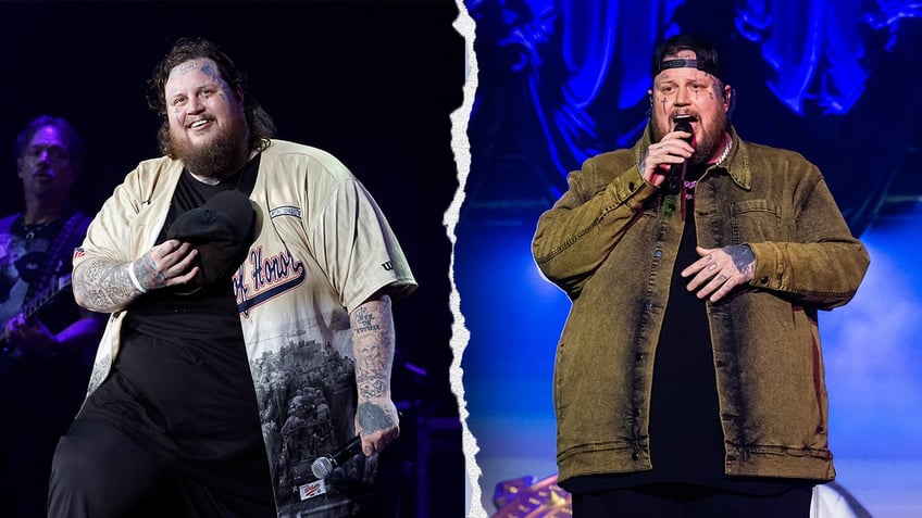 Jelly Roll looks up with his baseball hat to his chest wearing an open jersey on stage split Jelly Rolly looks outwards on stage wearing a backward hat and green jean jacket