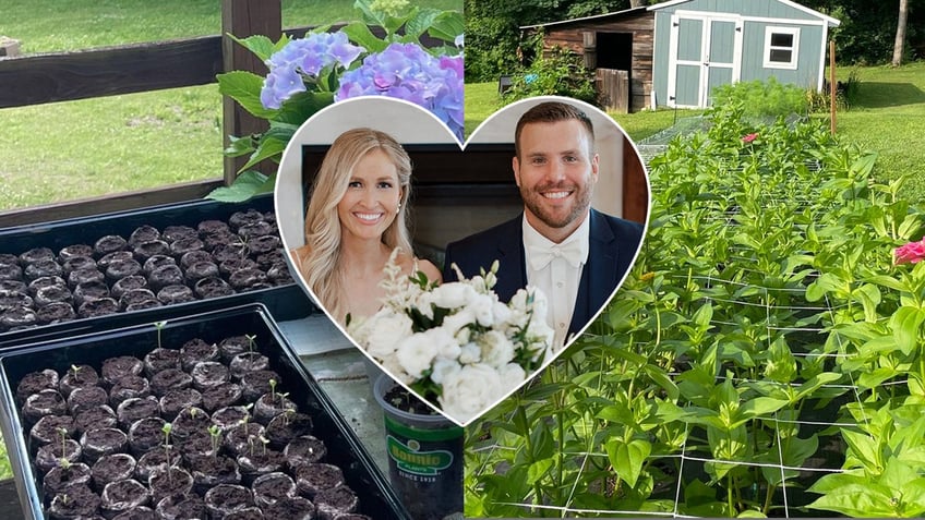 Taylor Weikel and her husband Jeff in a heart template with a split photo displaying growing wedding flowers behind them