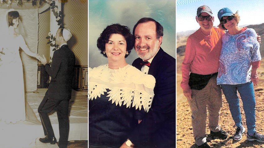 Older married couple posed together smiling throughout the years.