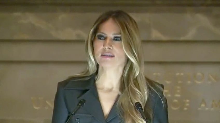 FILE – Former first Lady Melania Trump speaks at the National Archives Naturalization Ceremony.